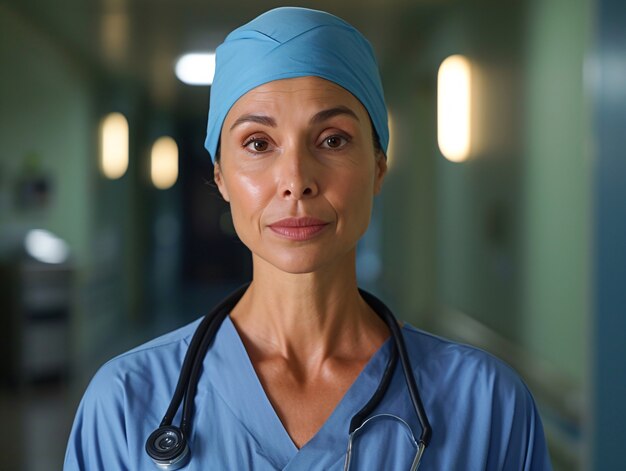 Retrato cinematográfico de uma mulher que trabalha no sistema de saúde com um trabalho de cuidados.