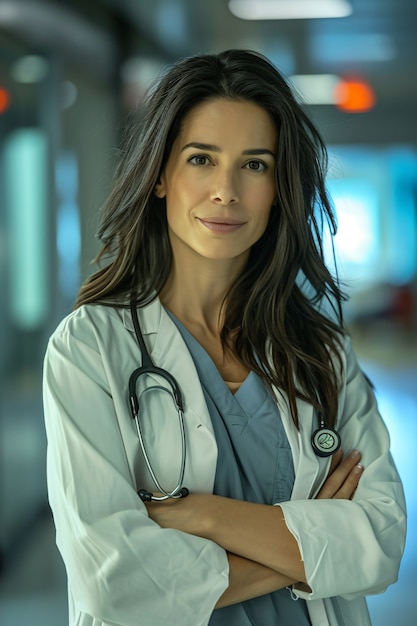 Foto grátis retrato cinematográfico de uma mulher que trabalha no sistema de saúde com um trabalho de cuidados.