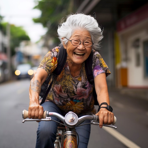 Retrato da avó asiática em bicicleta