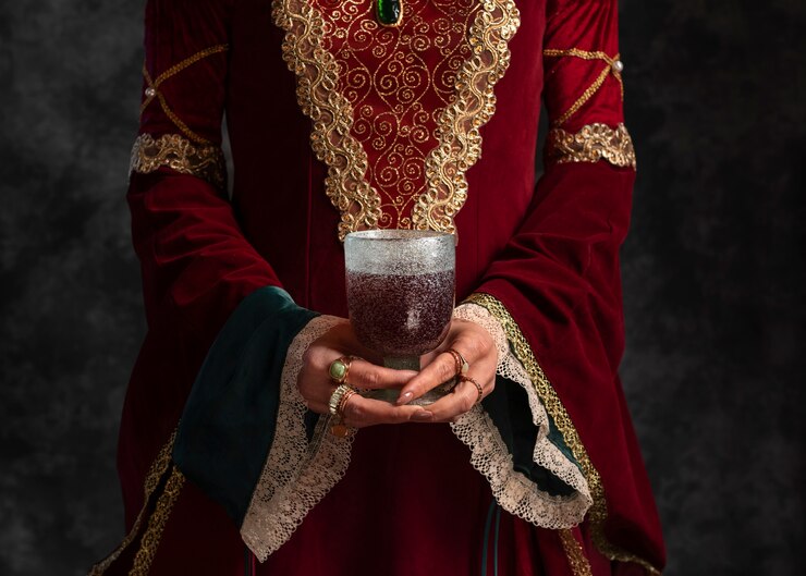 Foto grátis retrato da rainha medieval com cálice e bebida