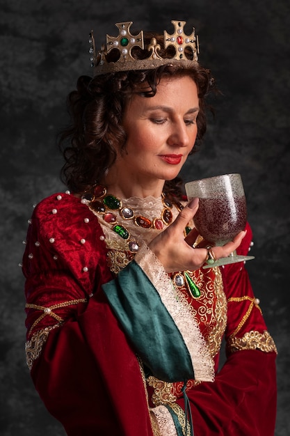 Foto grátis retrato da rainha medieval com cálice e bebida