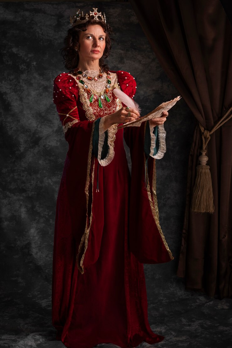 Foto grátis retrato da rainha medieval com pena escrevendo no papel