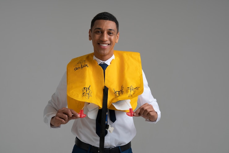 Foto grátis retrato de aeromoça com jaqueta inflável