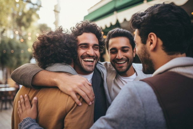 Retrato de amigos masculinos compartilhando um momento afetuoso de amizade