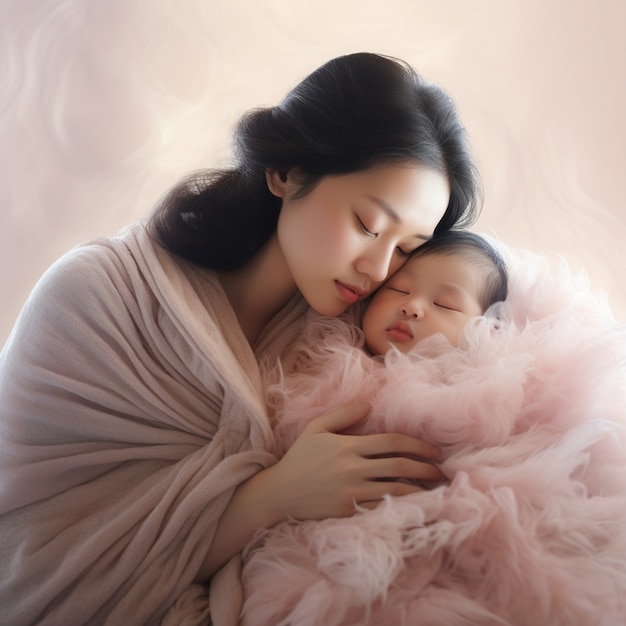 Retrato de bebê recém-nascido com a mãe