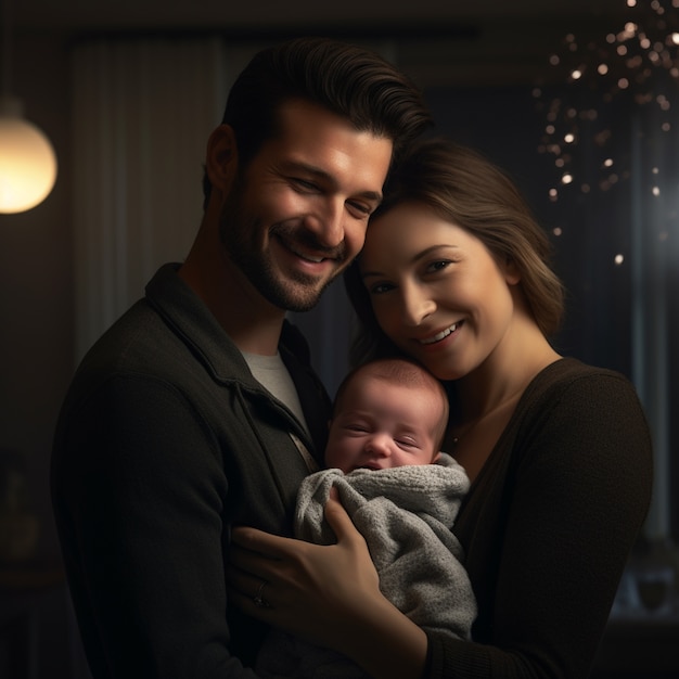 Retrato de bebê recém-nascido com ambos os pais