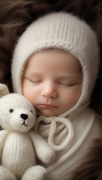 Foto grátis retrato de bebê recém-nascido com animal de pelúcia