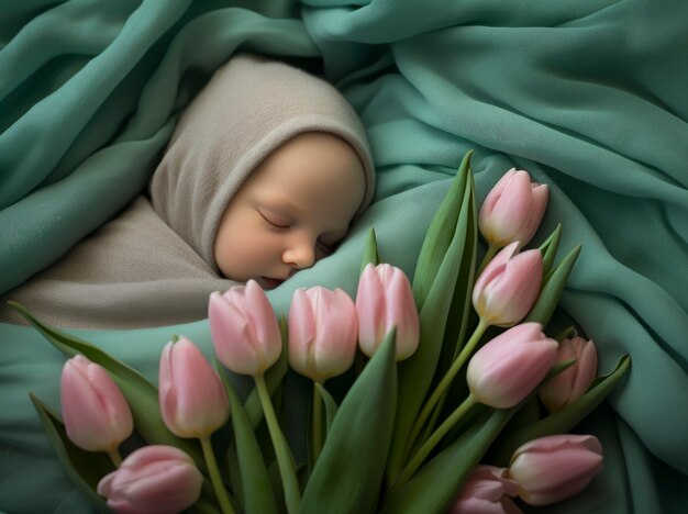 Retrato de bebê recém-nascido com flores