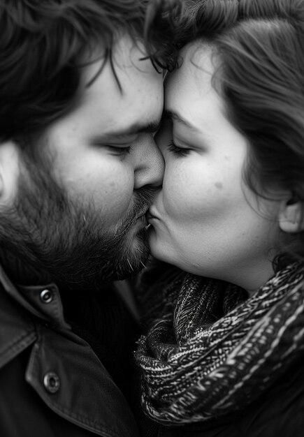 Retrato de beijo em preto e branco.