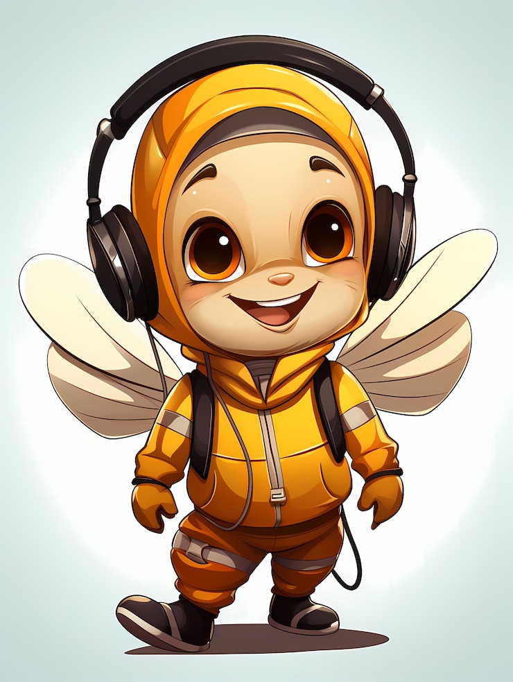 Foto grátis retrato de bonita abelha de desenho animado com fones de ouvido