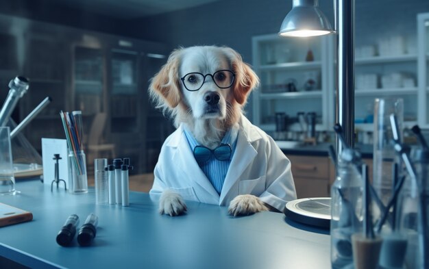 Retrato de cão antropomórfico vestido com roupas humanas