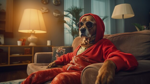 Retrato de cão antropomórfico vestido com roupas humanas