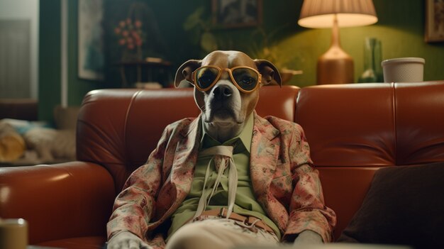 Retrato de cão antropomórfico vestido com roupas humanas
