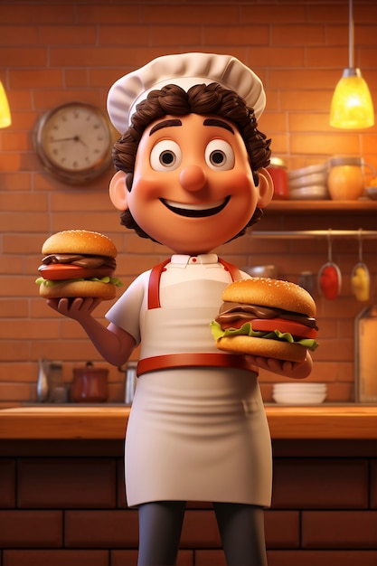 Foto grátis retrato de chef ou cozinheiro segurando um hambúrguer de fast food