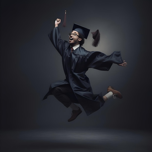 Foto grátis retrato de comprimento completo de uma jovem graduada em boné e vestido pulando sobre fundo escuro