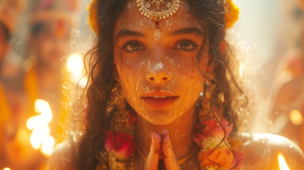 Retrato de cores vivas de uma mulher na celebração do Navratri