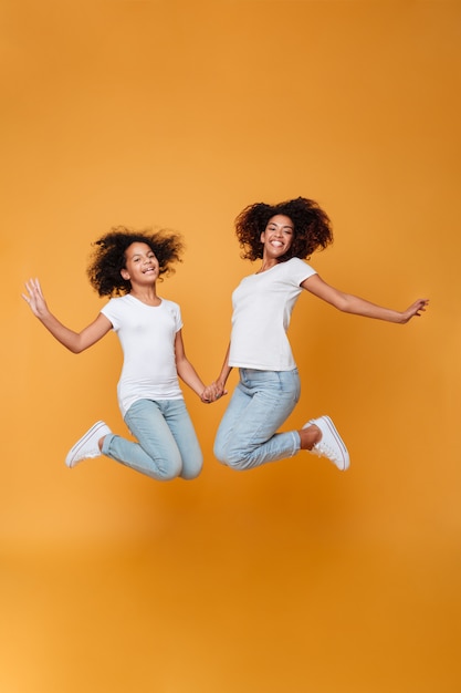 Foto grátis retrato de corpo inteiro de duas irmãs afro-americanas animadas