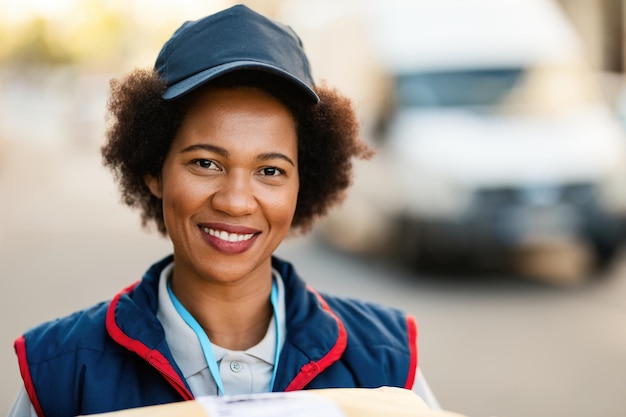 Retrato de correio feminino afro-americano sorridente fazendo uma entrega e olhando para a câmera