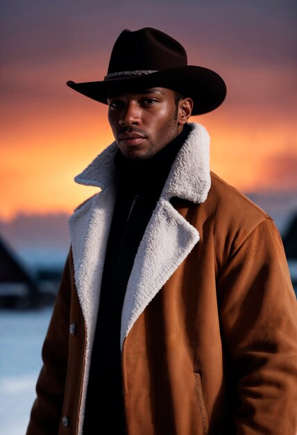 Retrato de cowboy à luz do dia com fundo de paisagem fora de foco