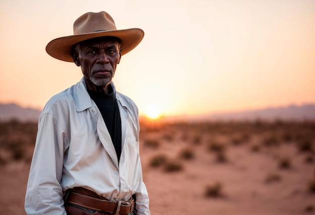 Foto grátis retrato de cowboy à luz do dia com fundo de paisagem fora de foco