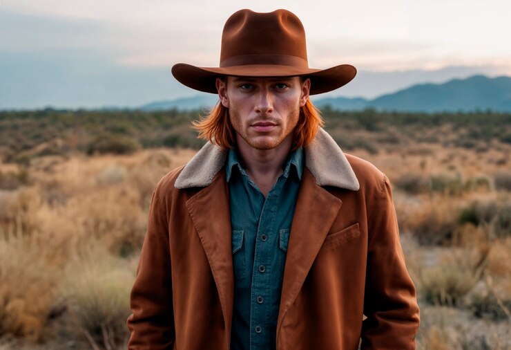 Foto grátis retrato de cowboy à luz do dia com fundo de paisagem fora de foco