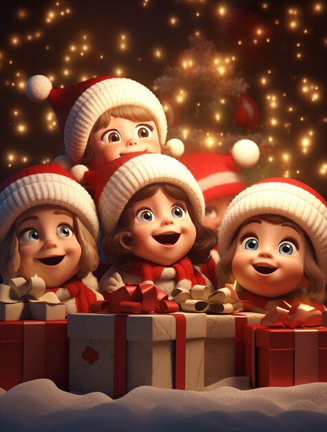 Retrato de crianças pequenas em estilo cartoon comemorando o Natal