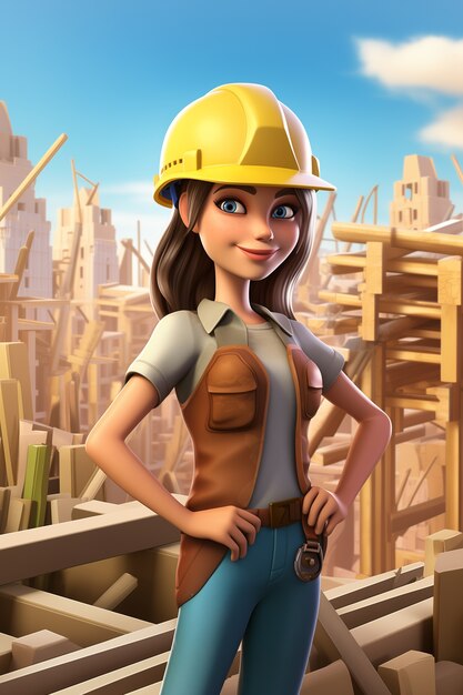 Retrato de desenho animado em 3D de uma mulher trabalhadora na celebração do Dia do Trabalho