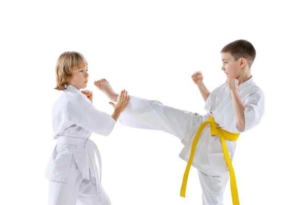 Retrato de dois meninos treinando atletas de karatê taekwondo isolado sobre fundo de estúdio branco