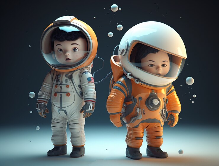 Foto grátis retrato de duas crianças astronautas em trajes espaciais