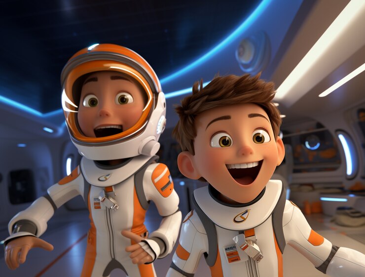 Foto grátis retrato de duas crianças astronautas em trajes espaciais