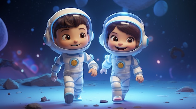 Retrato de duas crianças astronautas em trajes espaciais