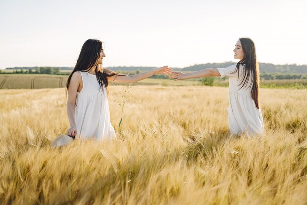 Retrato de duas irmãs em vestidos brancos com cabelos longos em um campo