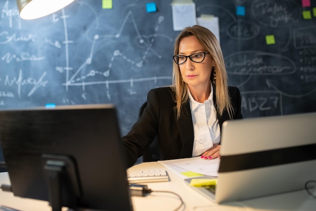 Retrato de empresária no fluxo de trabalho. mulher séria trabalhando com dois computadores à noite analisando dados financeiros, calculando lucro para investimentos. crescimento de negócios e conceito de atividade de investimento