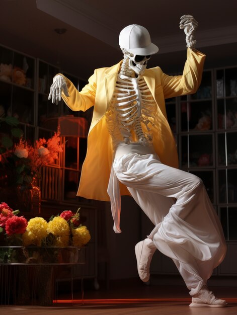 Retrato de esqueleto humano dançando