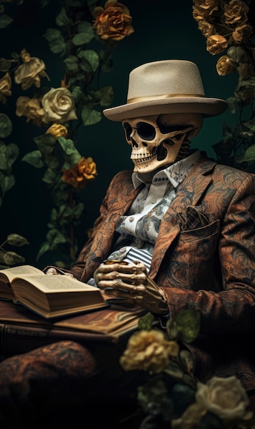 Retrato de esqueleto lendo livro
