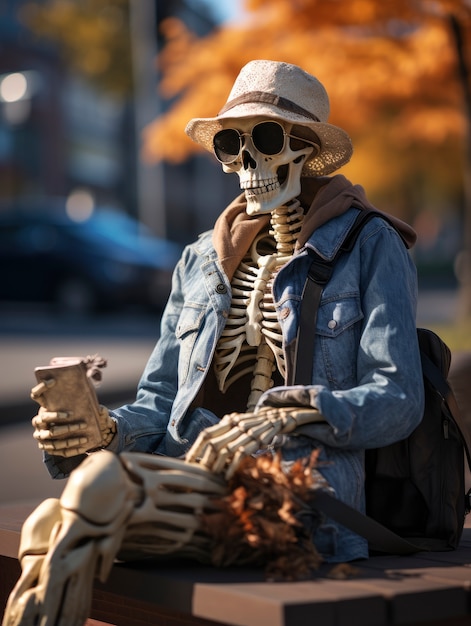 Foto grátis retrato de esqueleto sentado no banco