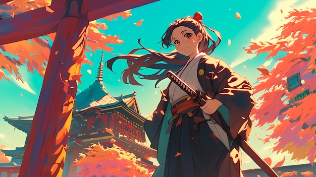 Retrato de estilo anime de personagem samurai tradicional japonês