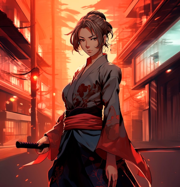 Retrato de estilo anime de personagem samurai tradicional japonês