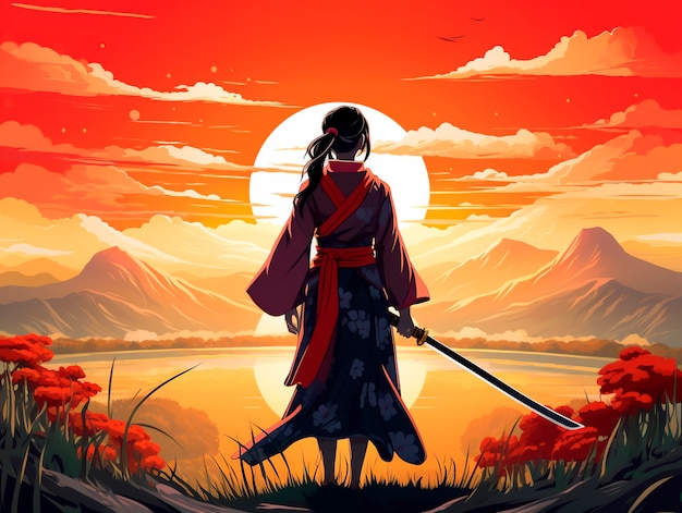 Retrato de estilo anime de personagem samurai tradicional japonês