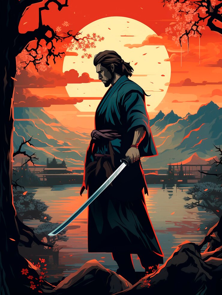 Foto grátis retrato de estilo anime de personagem samurai tradicional japonês