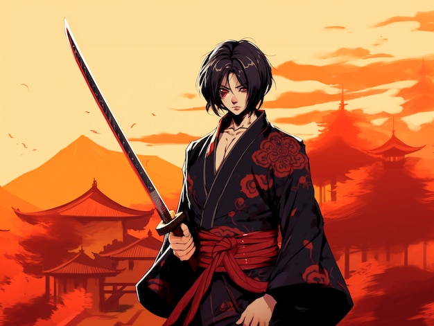 Foto grátis retrato de estilo anime de personagem samurai tradicional japonês