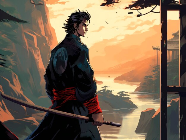 Retrato de estilo anime de personagem samurai tradicional japonês