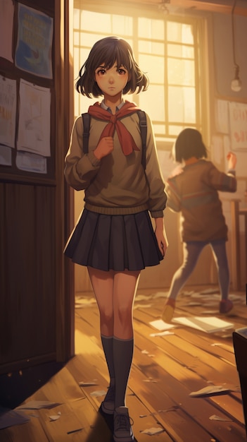 Retrato de estilo anime de um jovem estudante que frequenta a escola