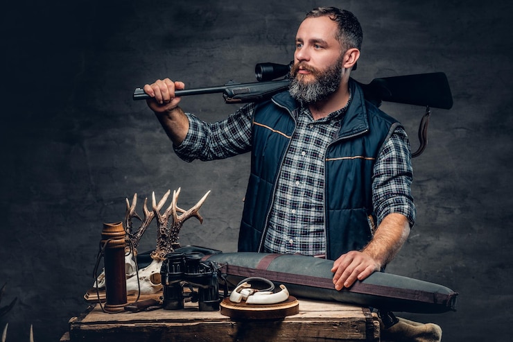 Foto grátis retrato de estúdio de um caçador moderno barbudo com seu troféu detém um rifle.