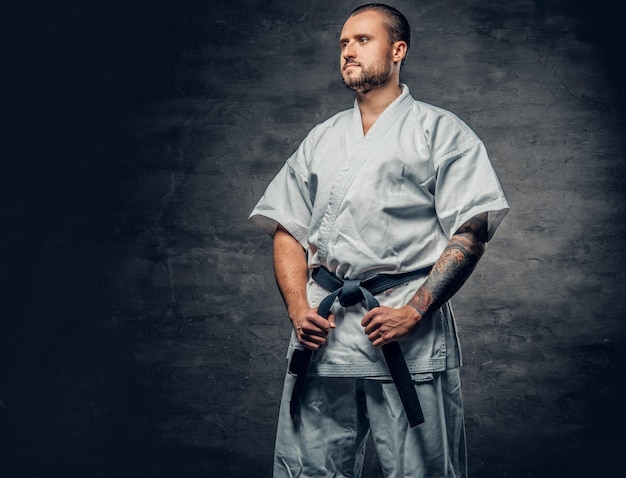 Foto grátis retrato de estúdio do lutador de karatê brutal barbudo vestido com um quimono branco sobre fundo cinza.