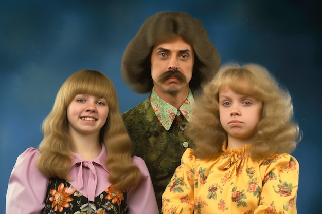Retrato de família com uma peruca engraçada.