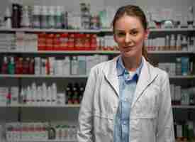 Foto grátis retrato de farmacêutica feminina na farmácia