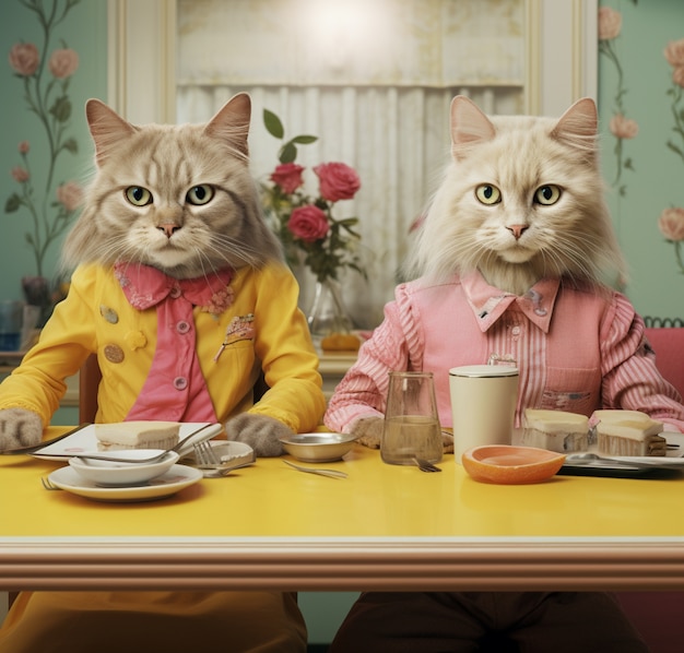 Foto grátis retrato de gatos antropomórficos vestidos com roupas humanas