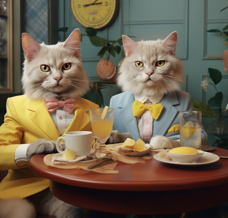 Foto grátis retrato de gatos antropomórficos vestidos com roupas humanas