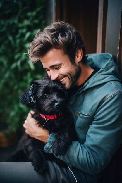 Retrato de homem abraçando cachorro